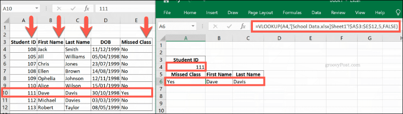En VLOOKUP-formel, der refererer til flere Excel-arbejdsbøger