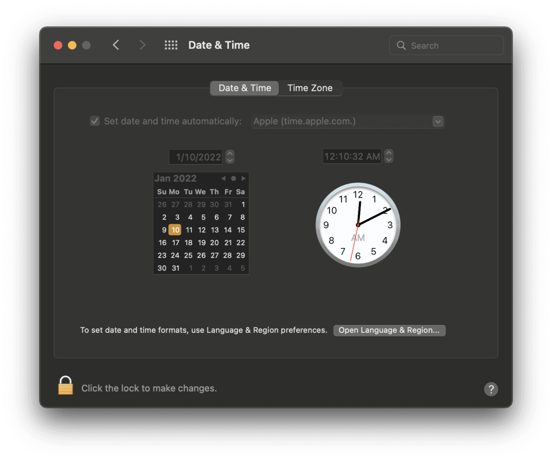Skærmbilledet Dato og tid i Systemindstillinger