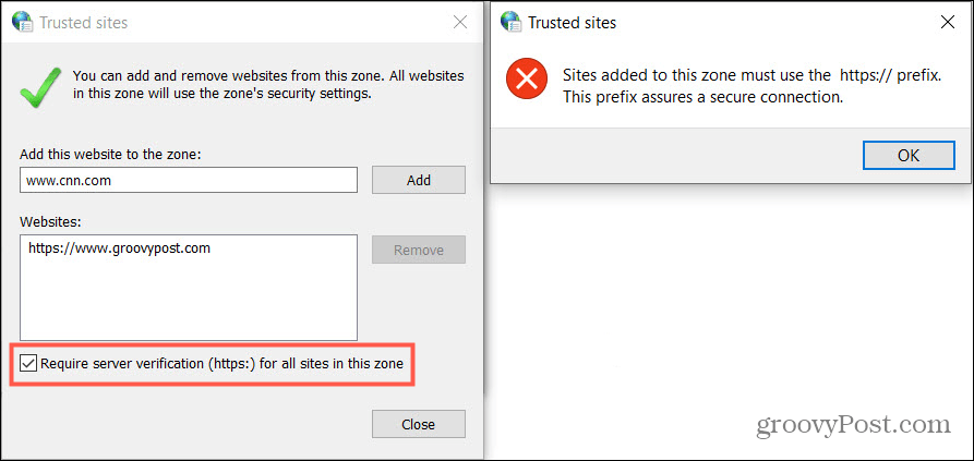 Tilføj pålidelige websteder i Windows Kontrolpanel
