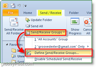 Outlook 2010 Skærmbillede - send og modtag grupper - definer grupper