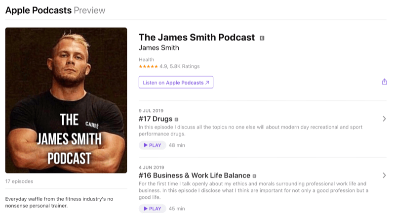 Strategi for markedsføring af sociale medier; Skærmbillede af James Smiths podcast på Apple Podcasts. James er en velkendt influencer i fitnessrummet.