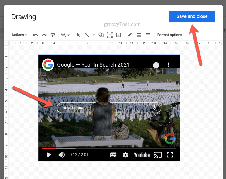Afspilning af en YouTube-video i en Google Docs-tegning