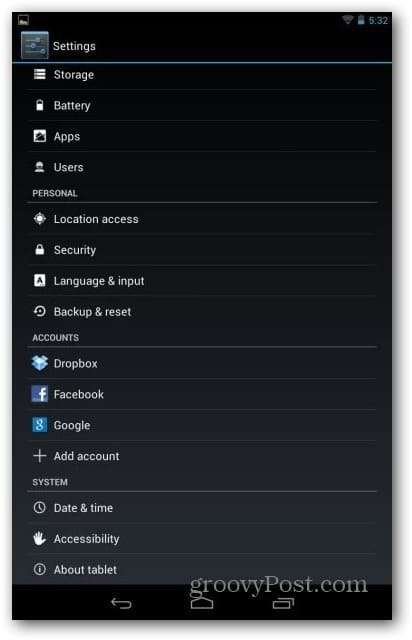 Nexus 7-brugerkonti - bruger af indstillinger