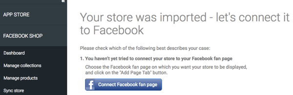 Når din butik er importeret via StoreYa-appen, skal du sørge for, at den er forbundet til Facebook.
