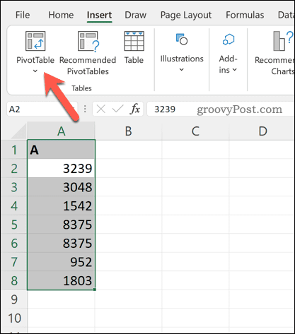 Indsættelse af en pivottabel i Excel