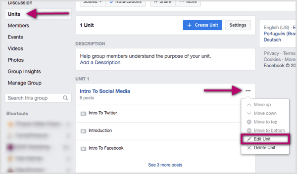 Klik på de tre prikker til højre for den Facebook-gruppeenhed, du vil redigere.