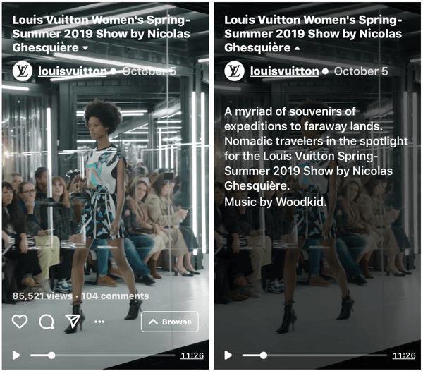 Eksempel på Louis Vuittons IGTV-show til deres kvinders forår-sommer 2019 modeshow.