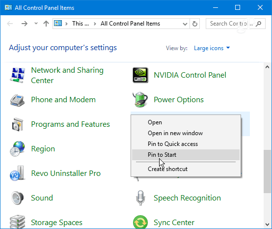Fastgør kontrolpanelelement Windows 10 Start