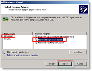 Windows Tilføj hardware-guiden: Tilføj Loopback Network Adapter