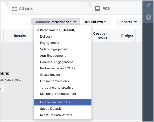 Naviger til dit Facebook Ads Manager-dashboard, og vælg Tilpas kolonner i rullemenuen Kolonner.