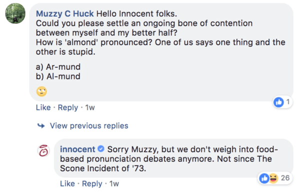 Eksempel på Innocent, der svarer på et kommentarspørgsmål på et Facebook-indlæg.