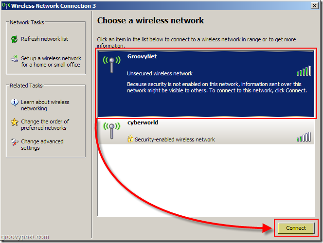 Windows XP-menu til at vælge et trådløst netværksskærmbillede:: groovyPost.com