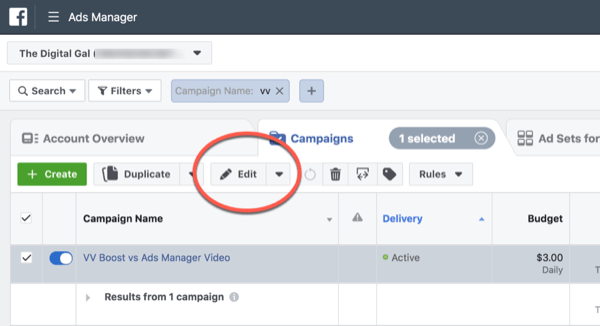 Facebook ThruPlay Optimization til redigering af kampagner i 10 sekunder, trin 1.