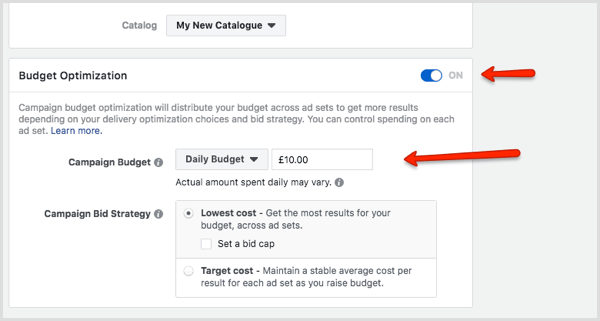 Budget Optimering sektion i Facebook Ads Manager