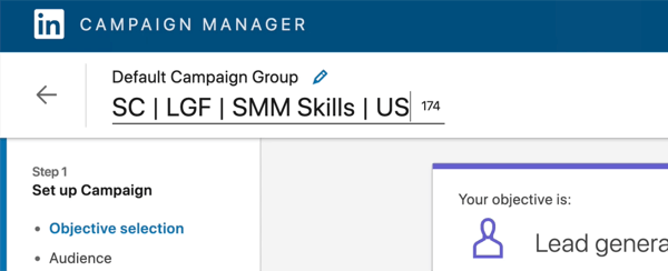 skærmbillede af LinkedIn-kampagnenavnet redigeret for at sige 'SC | LGF | SMM-færdigheder | OS'