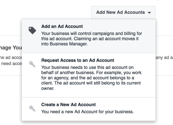 Vælg muligheden for at oprette en ny annoncekonto i Business Manager.
