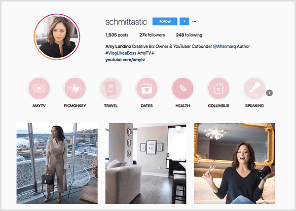 Amy Landinos Instagram-profil bruger håndtaget schmittastic. Hendes Instagram-profil viser fremhævningskategorier for AmyTV, Picmonkey, Rejser, Datoer, Sundhed, Columbus og Taler. Billederne viser billeder af Amy.