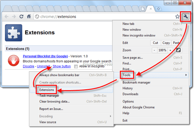 Google Chrome administrere udvidelser returnerer den røde knap