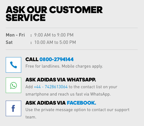 Ud over et telefonnummer inkluderer Adidas WhatsApp og Facebook Messenger-links til kundeplejeindstillinger.