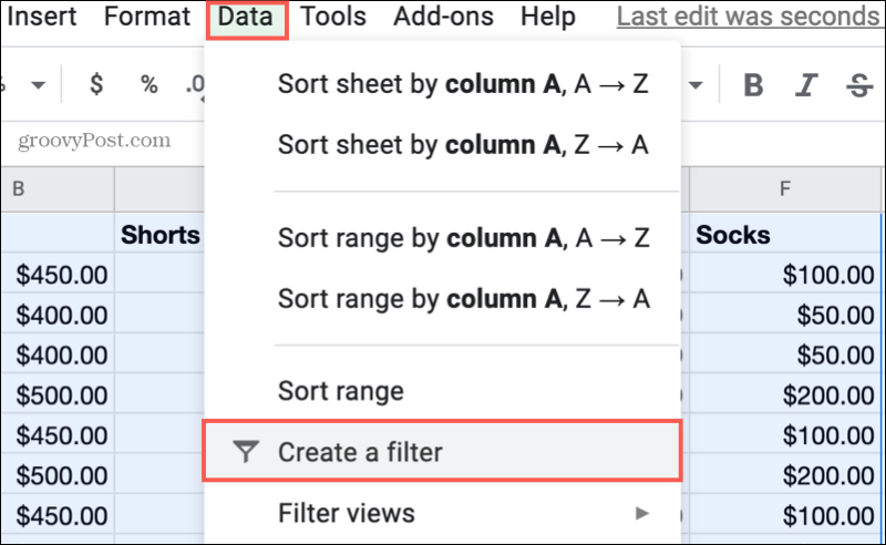 Opret et filter i Google Sheets