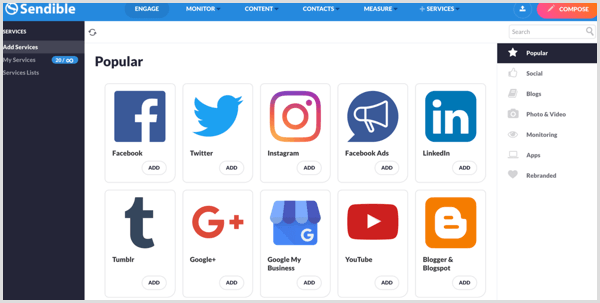 liste over sociale medianetværk understøttet af Sendible