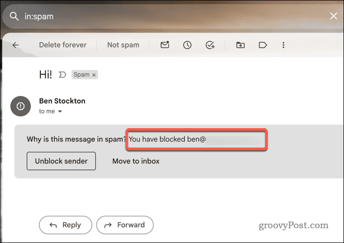 Eksempel på en blokeret e-mail i Gmail