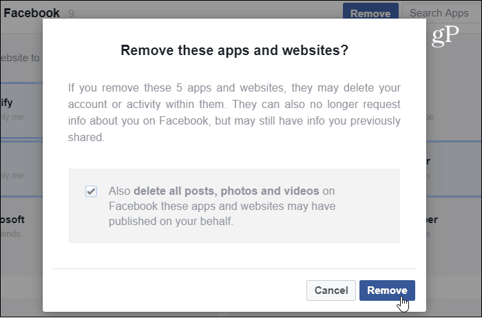 Bekræft fjernelse af appwebsite Facebook