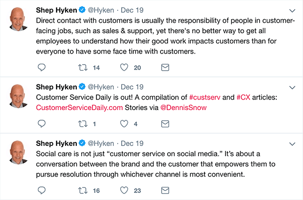 Dette er et screenshot af tre tweets, som Shep Hyken lavede om kundeservice.