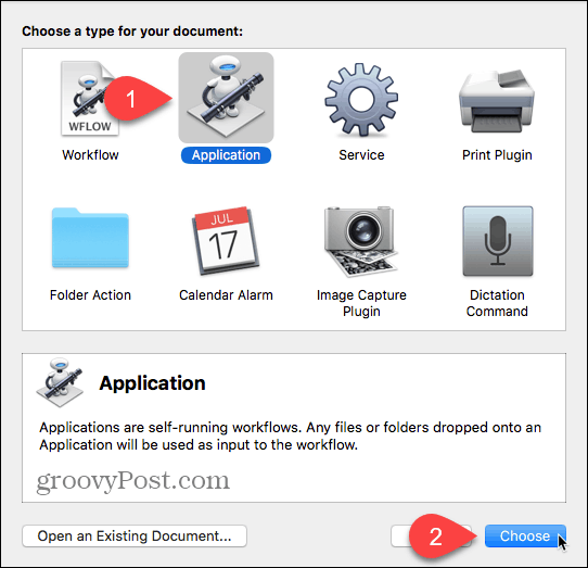 Vælg Application som dokumenttype i Automator