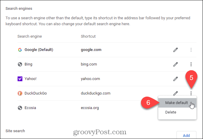 Vælg Gør som standard for den søgemaskine, du ønsker skal være standard på siden Ny fane i Chrome