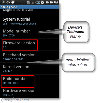 android firmware og build nummer, model nummer også