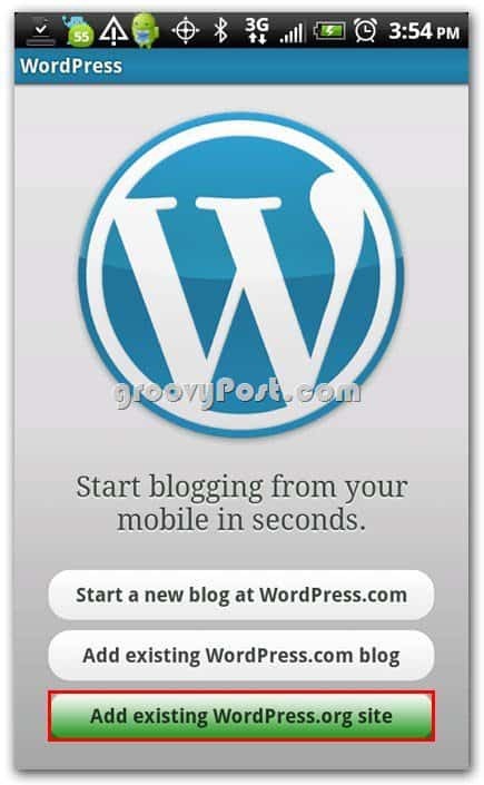 Wordpress i Android Setup Menu - Tilføj et eksisterende websted
