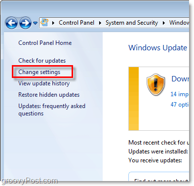 Windows 7 - Skærmbillede af Windows Update-konfigurationslink