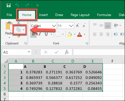 Kopiering af valgte data i Microsoft Excel