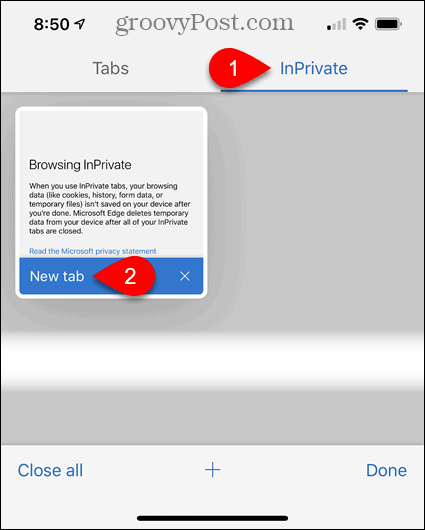 Tryk på InPrivate, og tryk derefter på Ny fane i Edge til iOS