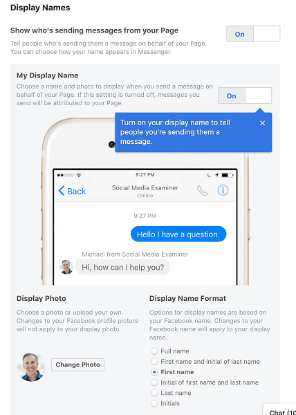 Facebook giver sideadministratorer mulighed for at vælge deres visningsnavn, når de bruger Messenger på vegne af deres side eller virksomhed.