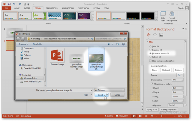 Office 2013-skabelon Opret Lav tilpasset design POTX Tilpas lysbilledslidesvejledning Sådan formateres baggrund Brugerdefineret billedimport