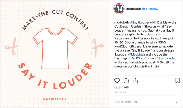 ModCloth bad Instagram-brugere om at dele deres egne designs i originale indlæg og tilbød et generøst incitament (i forhold til opgaven): chancen for at vinde et gavekort på $ 500.