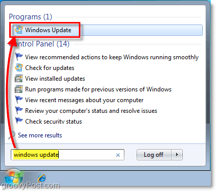 Start Windows 7 Windows Update: Screenshot