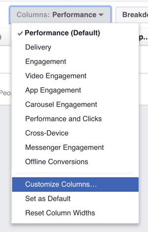 Du kan tilpasse kolonnerne, der vises i din tabel med Facebook-annonceresultater.