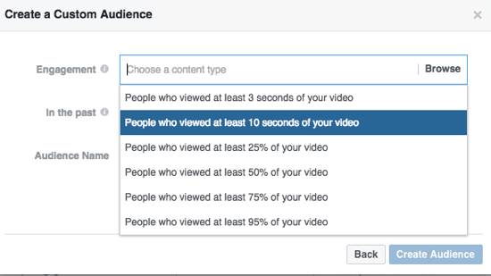 Begræns dit brugerdefinerede Facebook-publikum efter procentdel af den video, du har set.