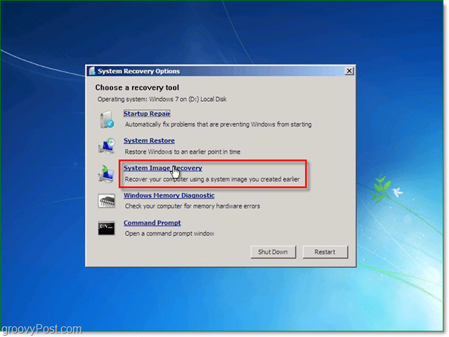 Windows 7 har 5 forskellige måder at gendanne dit system, vælg gendannelse af systembillede