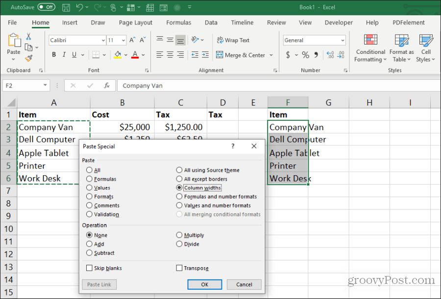 indsætte kolonnebredder i Excel