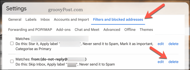 Knappen Slet filter i Gmail