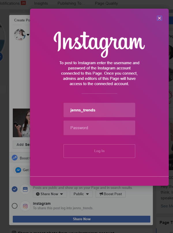 Sådan krydsindlæges til Instagram fra Facebook på skrivebordet, trin 4, login til Instagram