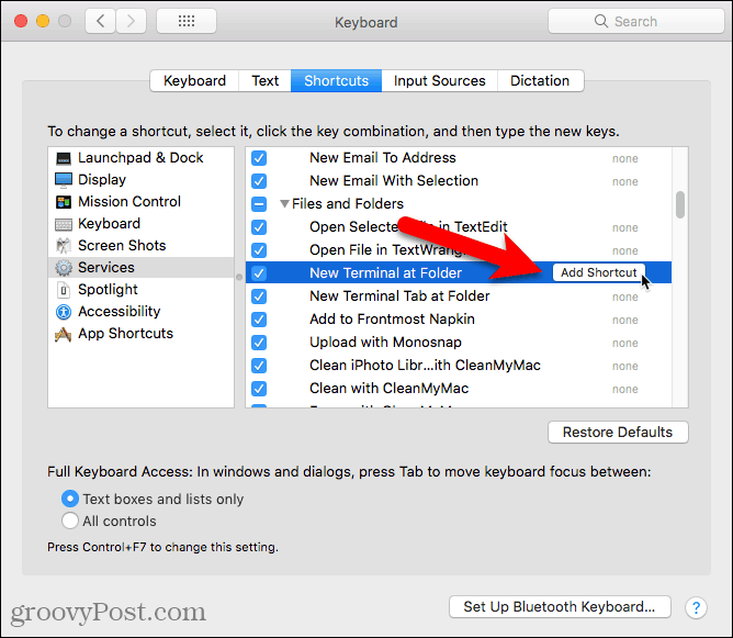 Klik på Tilføj genvej til den nye terminal på mappetjenesten på en Mac