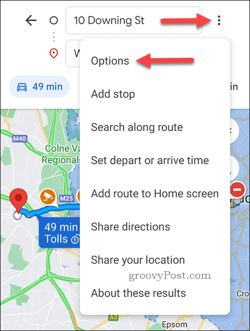 Åbn indstillingerne for rutevejledning i Google Maps