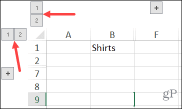 Grupperede kolonner og rækkeknapper i Excel i Windows