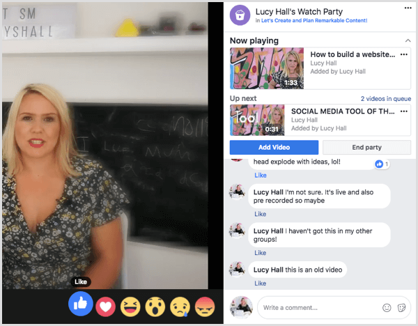 Gruppemedlemmer kan kommentere og reagere på videoer under en Facebook-overvågningsfest.