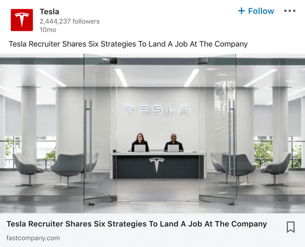 Eksempel på Tesla LinkedIn-virksomhedsside.